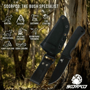 SCORPCO Bush Craft Knife Survival Hunting Camping Razor Sharp Edge 440C Steel Black